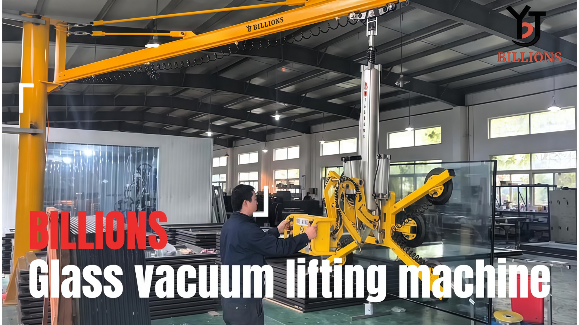 Glass vacuum lifting machine in glass processing plant - 90° tilting function for large glass panes